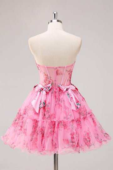 Robe de balle corset floral sans bretelles a-trapèze en tulle avec nœuds